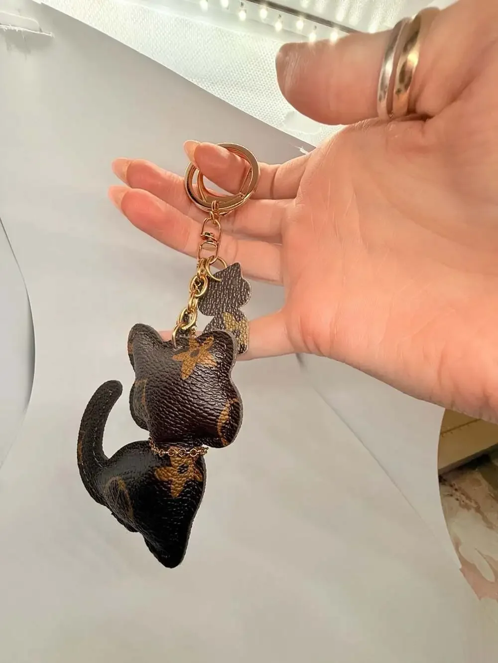 Unbranded Cat Keychain Monogram PU Leather Tassel Pendant Brown